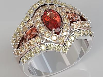Elegant Orange Gemstone Ring With Ornate Diamond Setting And Two Tone Gold Silver Design 3d model