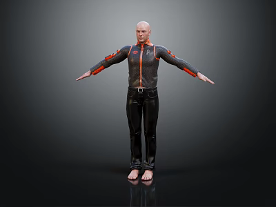Bald Man In Black Jacket With Orange Stripes Black Pants Barefoot Arms Outstretched Dark Background 3d model