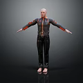 Bald Man In Black Jacket With Orange Stripes Black Pants Barefoot Arms Outstretched Dark Background