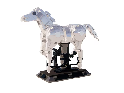 Silver Mechanical Horse Model With Detailed Metal Structure And Black Base 3d model