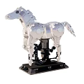 Silver Mechanical Horse Model With Detailed Metal Structure And Black Base