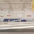 Modern Indoor Basketball Gymnasium With Wooden Court Seating And Hanging Banners