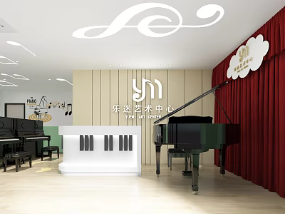 Le Yi Art School Interior With Grand Pianos Keyboard Decoration And Red Curtains Music Notes 3d model