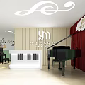 Le Yi Art School Interior With Grand Pianos Keyboard Decoration And Red Curtains Music Notes