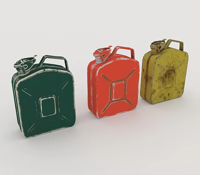 Hardware Tools Featuring Three Colored Metal Jerry Cans In Green Red Yellow 3d model
