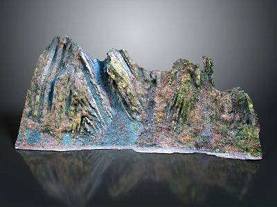 Colorful Textured Mountain Sculpture On Reflective Display Surface With Natural Details 3d model