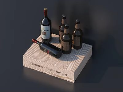 Wine Bottles Arranged on Wooden Box Featuring Tilted Bottle and Romanee Conti 34 Label 3d model