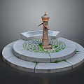 Brass Fountain With Circular Stone Base And Paved Surface With Grass 3d model