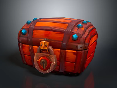 Vintage Wooden Treasure Chest With Red Wood Grain Metal Straps And Blue Gemstones 3d model