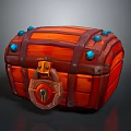 Vintage Wooden Treasure Chest With Red Wood Grain Metal Straps And Blue Gemstones