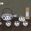 Blue And White Tea Set Including Teapot Cups Bowls With Green Tea And Bamboo Container