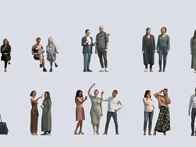 Diverse Group of People in Various Poses Standing Interacting with Casual and Formal Clothing Styles 3d model