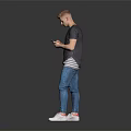 Man Standing With Smartphone Wearing Gray T-Shirt Blue Jeans White Sneakers