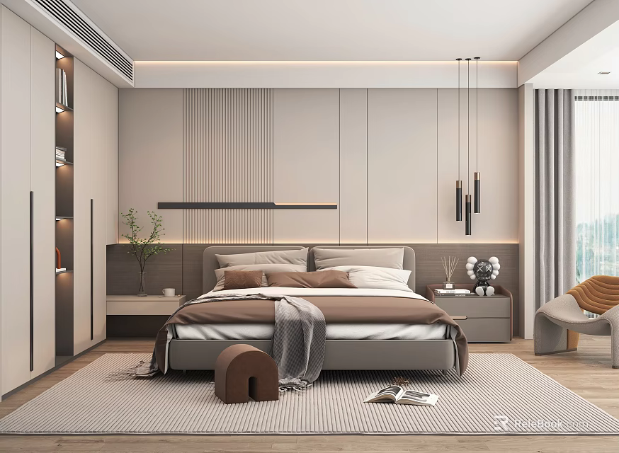 Modern Bedroom Interior Design With Striped Wall Paneling Pendant Lights Open Shelving And Light Carpet 3d model 