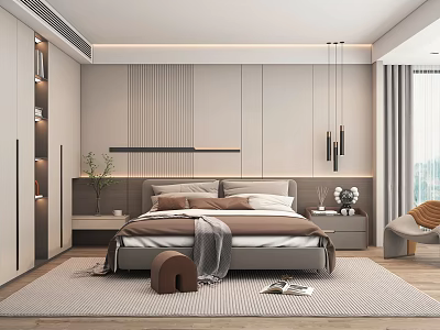 Modern Bedroom Interior Design With Striped Wall Paneling Pendant Lights Open Shelving And Light Carpet 3d model