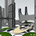 Modern High Rise Office Buildings With Glass Facade And Urban Green Landscape