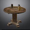 Vintage Round Wooden Table with Carved Base and Tabletop Featuring Yellow Mug And Clear Glass