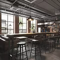 Modern Industrial Café Featuring High Ceiling Exposed Metal Pipes Large Windows Bar Stools Green Plants