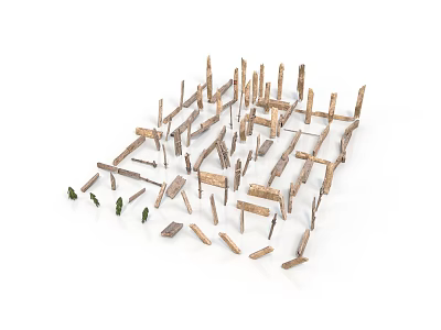 Wooden Scene Components With Various Length Sticks And Small Green Elements 3d model