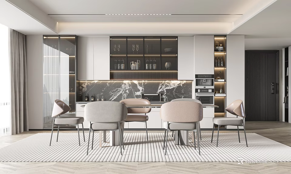 Modern Restaurant Interior With Dining Table Chairs Marble Countertop And Open Cabinets 3d model