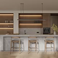 Warm Minimalist Open Concept Living And Dining Room Interior Design With Stone Kitchen Island