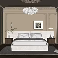 Elegant Beige Bedroom Interior With Moldings Chandelier Upholstered Headboard And Herringbone Rug