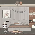 Cozy Kids Bedroom With Cartoon Painting Striped Wall Perforated Panel Sphere Pendant Lights And Desk