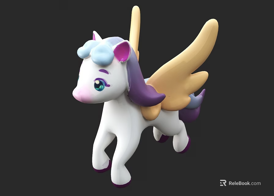 Cute White Toy Unicorn With Purple Mane Tail Yellow Wings And Cloud Horn 3d model 