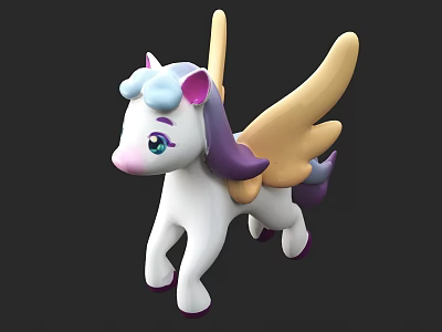 Cute White Toy Unicorn With Purple Mane Tail Yellow Wings And Cloud Horn 3d model