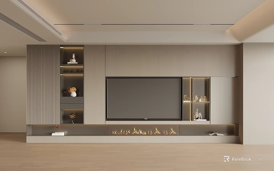 Modern TV Wall Unit Interior Design With Open Shelves LED Lights And Decorative Items 3d model