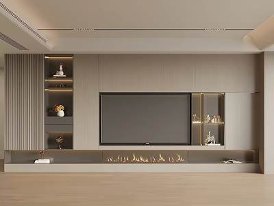 Modern TV Wall Unit Interior Design With Open Shelves LED Lights And Decorative Items 3d model