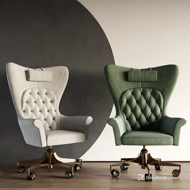 White And Green Leisure Chairs With Tufted Back And Gold Metal Base Against Gray Circular Wall 3d model 