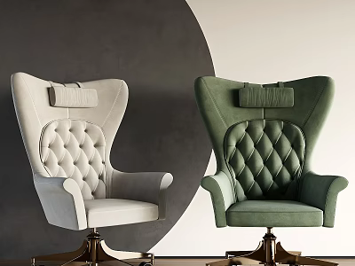 White And Green Leisure Chairs With Tufted Back And Gold Metal Base Against Gray Circular Wall 3d model