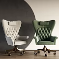 White And Green Leisure Chairs With Tufted Back And Gold Metal Base Against Gray Circular Wall