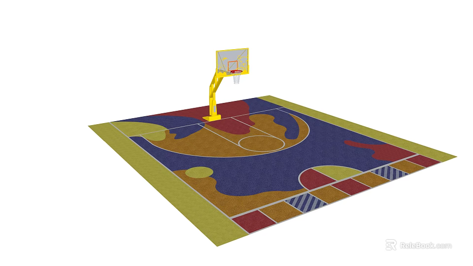 Park Landscape Featuring Colorful Basketball Court With Yellow Hoop And Patterned Floor 3d model 