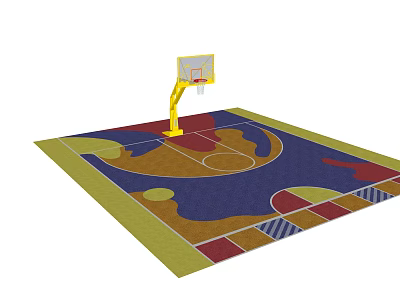 Park Landscape Featuring Colorful Basketball Court With Yellow Hoop And Patterned Floor 3d model