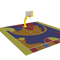 Park Landscape Featuring Colorful Basketball Court With Yellow Hoop And Patterned Floor