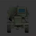 Military Green Truck with Open Cargo Bed Blue Windows Guard Rails and Large Tires