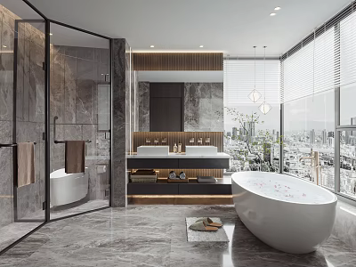 Modern Bathroom Interior With Glass Shower Double Vanity Freestanding Bathtub And City View Windows 3d model