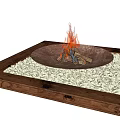 Square Fire Pit with Burning Flames Surrounded by Gravel on Wooden Base for Outdoor Patio