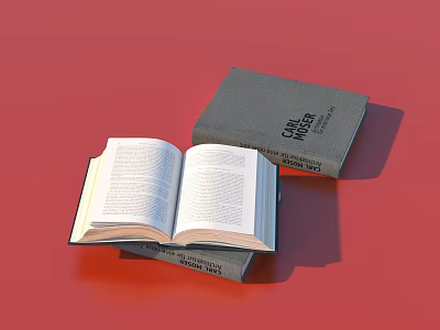 Open Book With White Pages Text Content And Closed Gray Cover Book On Red Background 3d model