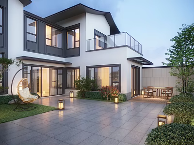 Modern Courtyard Garden With Stone Patio Hanging Chair Lanterns Green Plants And Outdoor Furniture 3d model