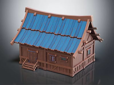 Cartoon Scene Of A Wooden House With Blue Roof Steps Door And Windows Design 3d model