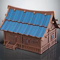 Cartoon Scene Of A Wooden House With Blue Roof Steps Door And Windows Design