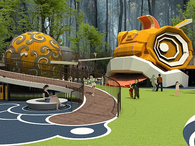 Outdoor Playground Equipment With Yellow Fish Shaped Structure And Orange Patterned Ball On Green Grass 3d model