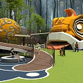 Outdoor Playground Equipment With Yellow Fish Shaped Structure And Orange Patterned Ball On Green Grass