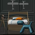Wooden Kids Bed With Curved Headboard Yellow Pillow Blue Inflatable Dog And Airplane Pendant Lights