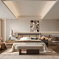 Guest Room Wooden Double Bed Rattan Sofa Fabric Sofa Stool Rattan Single Chair Chandelier Bedside Table Pillow Table Lamp 3d model