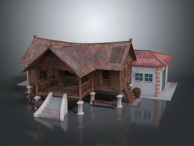 Traditional Wooden House With Red Tile Roof Stone Steps Pillars And Adjacent Brick Building 3d model