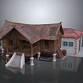 Traditional Wooden House With Red Tile Roof Stone Steps Pillars And Adjacent Brick Building
